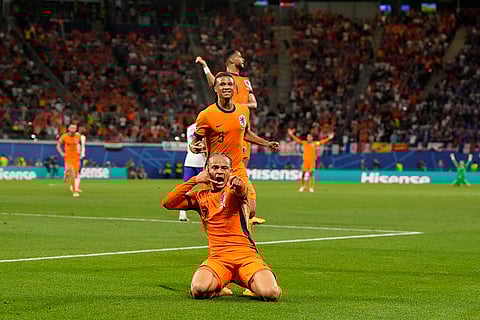 Xavi Simons of the Netherlands celebrates after scoring a disallowed goal